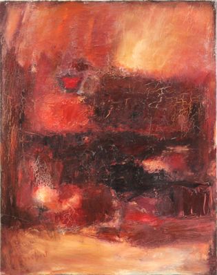 un tableau représentant un tableau rouge et noir accroché à un mur blanc