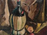 tableau représentant une bouteille de vin et des fruits posés sur une table