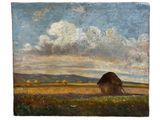 une image représentant un tableau représentant un champ avec des meules de foin