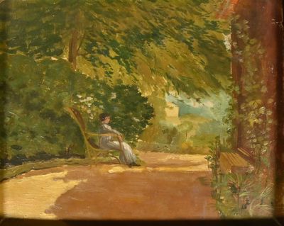 a painting of a woman sitting on a bench in a park