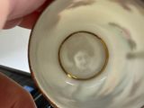 a person holding a white cup with a gold rim