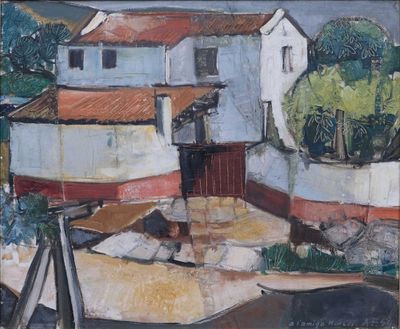 tableau représentant une peinture d'une maison et d'un chien dans un jardin