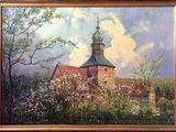 painting of a church with a steeple in a field of flowers