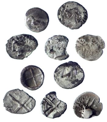 six ancient silver coins are shown in a circle on a white background