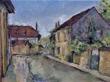 tableau représentant une rue d'une petite ville, avec des maisons et des arbres