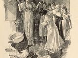 illustration of a woman in a white dress standing in front of a group of people