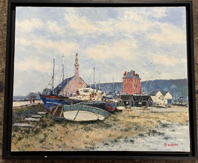 a painting of a harbor scene with boats on the shore