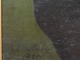 an oil painting of a black bird sitting on top of a green field
