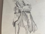 pencil drawing of a man carrying a bag on his back