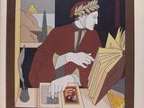 a painting of a man sitting at a table reading a book