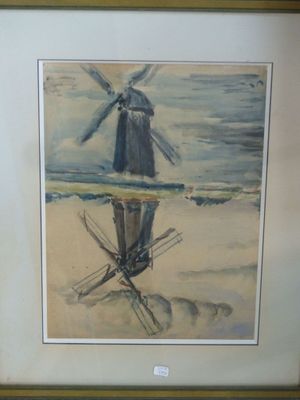 tableau représentant un homme debout sur une plage, avec un moulin à vent en arrière-plan