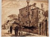 an image of a drawing of a building with a boat in front of it