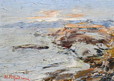 un tableau représentant une personne sur une plage avec une planche de surf