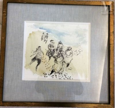 tableau représentant un groupe de personnes sur une plage, dans un cadre en bois