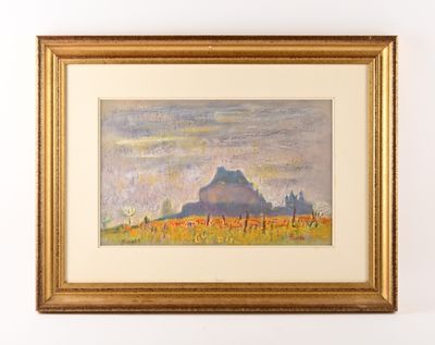 an image of a painting of a mountain in a gold frame