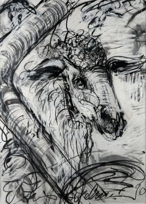 un dessin en noir et blanc représentant une chèvre dans les bois