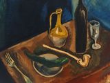 a painting of a table with a bottle of wine and a plate of food on it