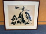 a black and white drawing of a man kneeling in front of a cross