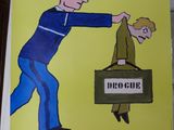 une affiche représentant un homme tirant un autre homme dans une valise
