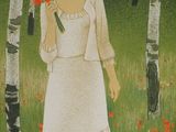 a painting of a woman in a white dress and hat