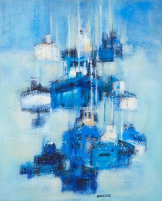un tableau représentant des bateaux bleus flottant sur l'eau