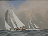 painting of two sailboats in the ocean with birds flying overhead