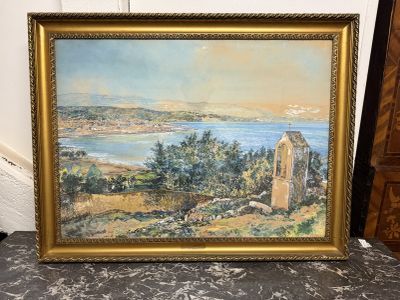un tableau représentant une vue sur un lac avec une église au premier plan