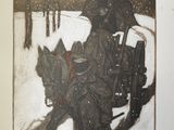painting of a man riding a horse drawn carriage in the snow