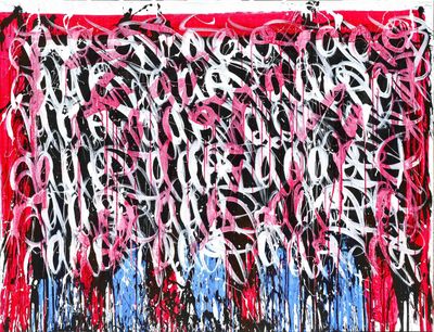 an abstract painting of red, white, and blue paint on a black background