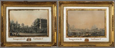deux tableaux encadrés représentant une ville avec des bâtiments et des arbres