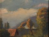 une image représentant une peinture d'une chaîne de montagnes avec une maison au premier plan