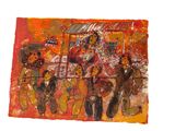 a painting of a group of people riding on a horse drawn carriage