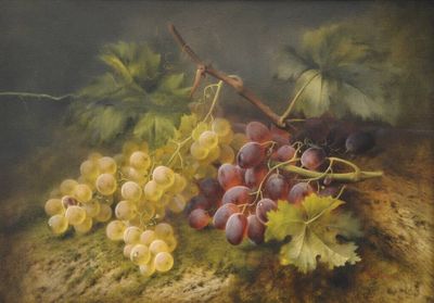 peinture représentant une grappe de raisin posée sur un rocher, entourée de feuilles