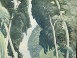 a picture of a painting of trees and birds in a field
