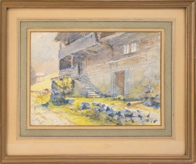 une image d'une peinture représentant une maison dans un champ