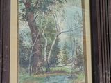 painting of a wooded scene with a stream in the foreground and trees in the background