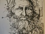 drawing of a man with a beard and a mustache in a book