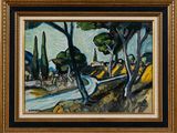 painting of a landscape with trees and a stream in the foreground