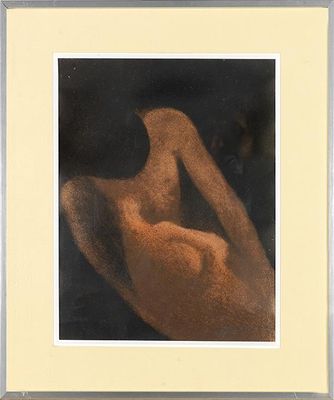 painting of a nude woman in a white frame with a black background