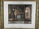 a painting of a woman sitting in a room with a man standing next to her