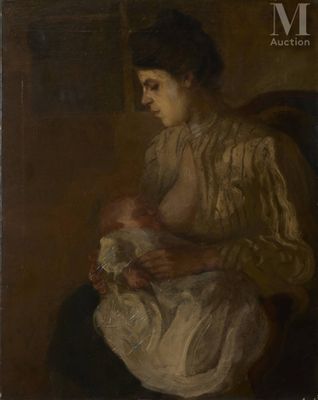 un tableau représentant une femme assise sur une chaise, tenant un bébé dans ses bras