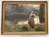 un tableau représentant une femme avec un panier au bord de l'eau
