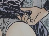 a drawing of a woman holding a knife in her right hand
