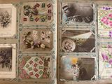 an open book with pictures of cats and flowers on it