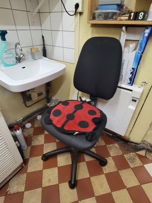 a black chair with a red ladybug on it in a bathroom