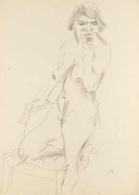 drawing of a nude woman sitting on a chair with her hand on her chin