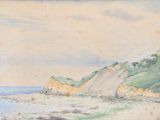 a picture of a painting of a beach with a boat in the water