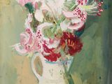 une peinture de fleurs dans un vase sur une table