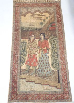 an image of a tapestry hanging on a wall with a painting of a man and a woman