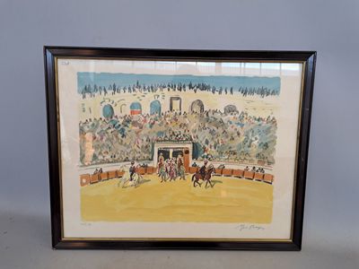 une image représentant un tableau illustrant une course de chevaux dans un stade